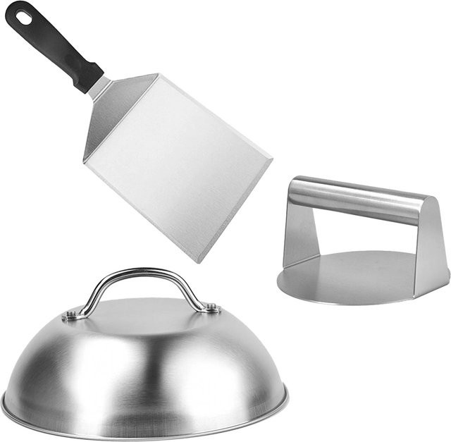 Relaxdays Smash Burger Set 3-teilig aus Edelstahl in Silber mit Burgerpresse, Grillspachtel und Burgerhaube - Bild 1