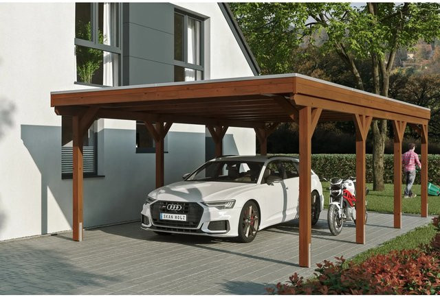 Skan Holz Carport Grunewald aus Fichten-Leimholz mit EPDM-Dach in Nussbaum Braun, Breite: 427 cm, Tiefe: 796 cm, Höhe: 251 cm - Bild 1