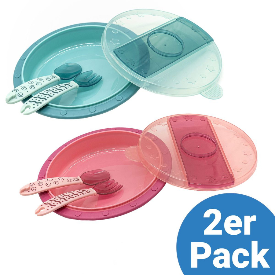 MiaMia Babyteller zum Mitnehmen mit Besteck 2er Pack aus Polypropylen in Grün und Pink - Bild 1