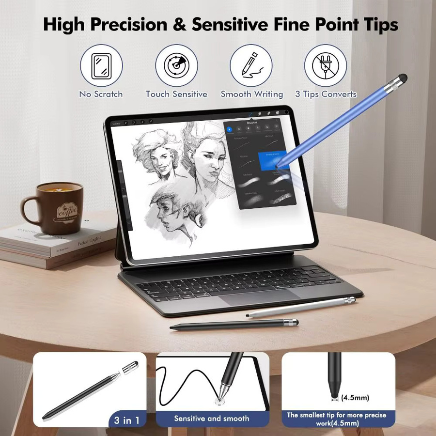 Professioneller 3-in-1 Stylus-Stift aus Aluminium, hochempfindlicher universeller kapazitiver Touchscreen-Stift ohne Bluetooth für geschmeidige Schreibfunktionen - Bild 2
