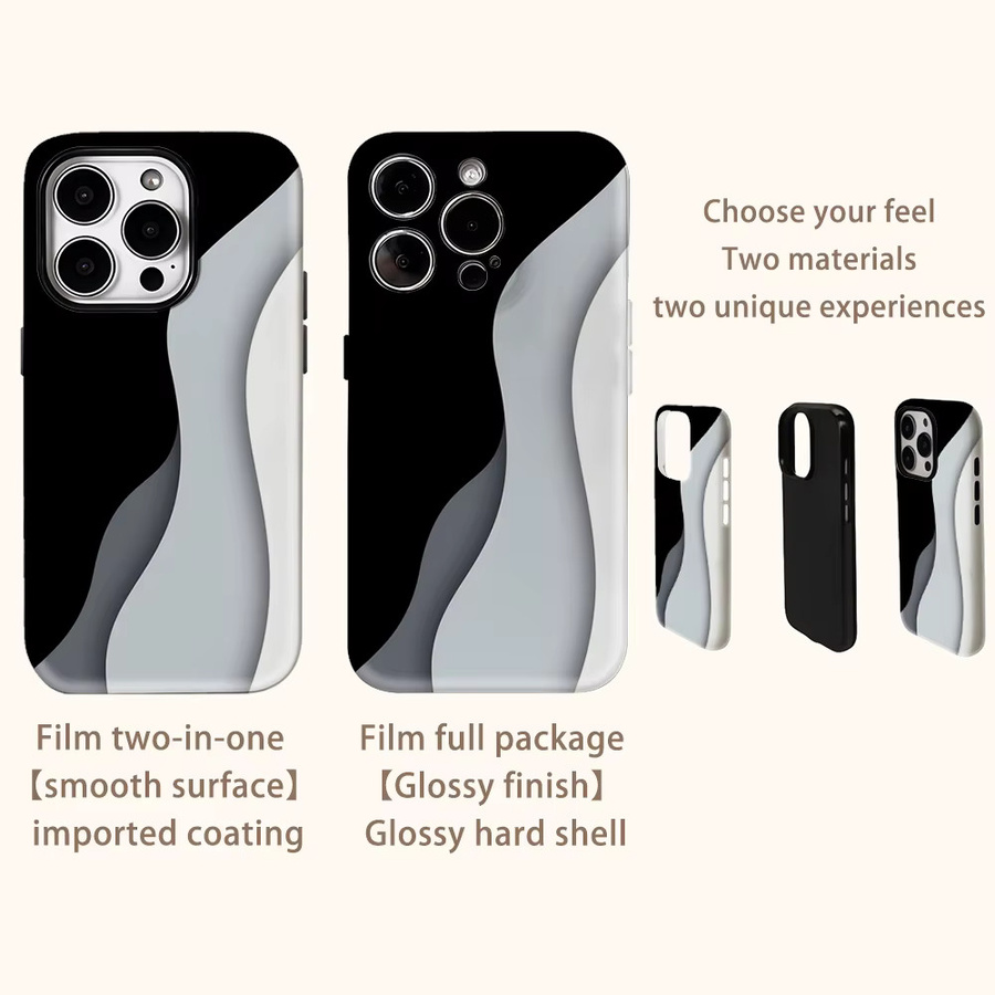 Handyhülle mit monochrome Wellenformen für iPhone 17AIR 16E 16 15 14 13 12 11 Pro Max Plus mit doppelschichtiger Rückseite in Schwarz - Bild 3