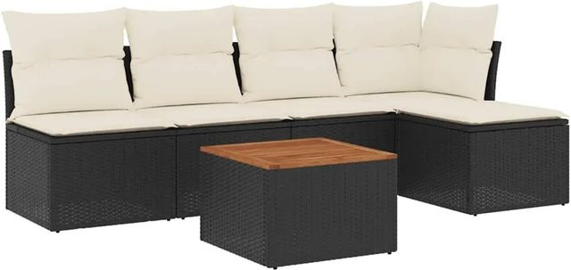 vidaXL 6-teilige Garten-Sofagarnitur in L-Form aus Polyrattan und Akazienholz mit Kissen in Schwarz-Creme - Bild 1