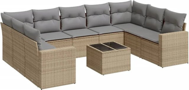 vidaXL 10-tlg. Garten-Sofagarnitur in L-Form aus Poly-Rattan mit Kissen in Beige und Hellgrau - Bild 1