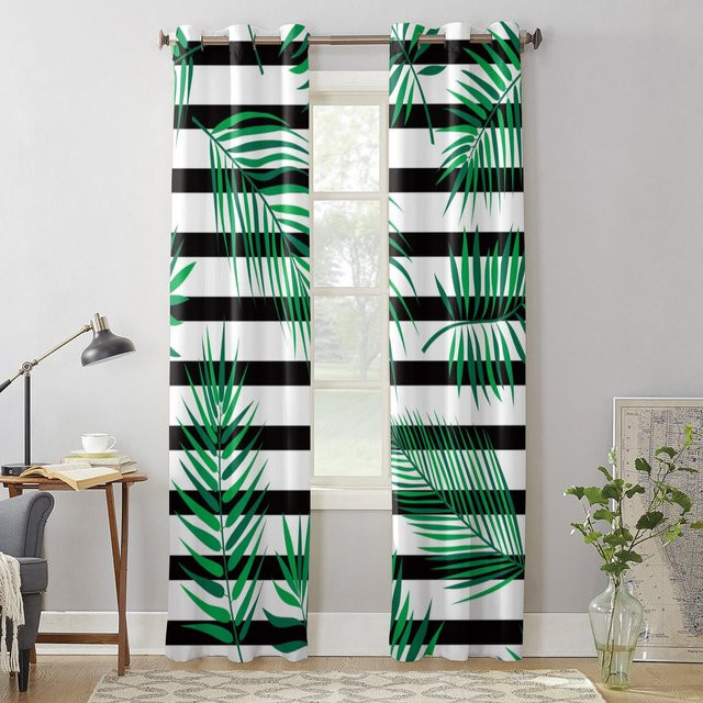 Super Six Fenster Vorhänge mit schwarzen Streifen und grünen Blättern, semi-transparent, Breite: 135 cm, Höhe: 60 cm - Bild 1