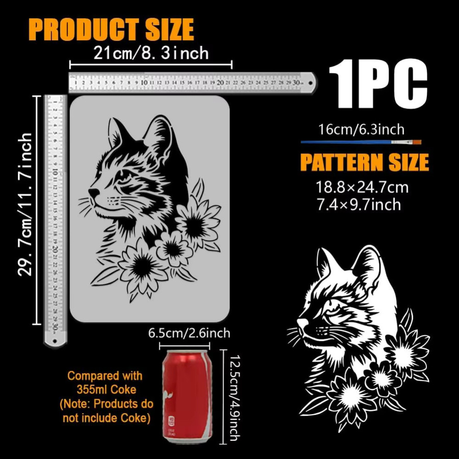 Katzen-Malschablone mit Pinsel und Blumenmuster als DIY-Zeichnungsvorlage, B: 21,6 cm, H: 29,2 cm - Bild 2