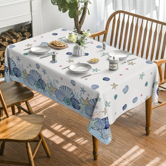Wasserdichte Tischdecke von Beau Maison mit sommerlichem Meereswelt-Design aus Muscheln und Seesternen, weiß, B: 140 cm, T: 240 cm - Bild 1