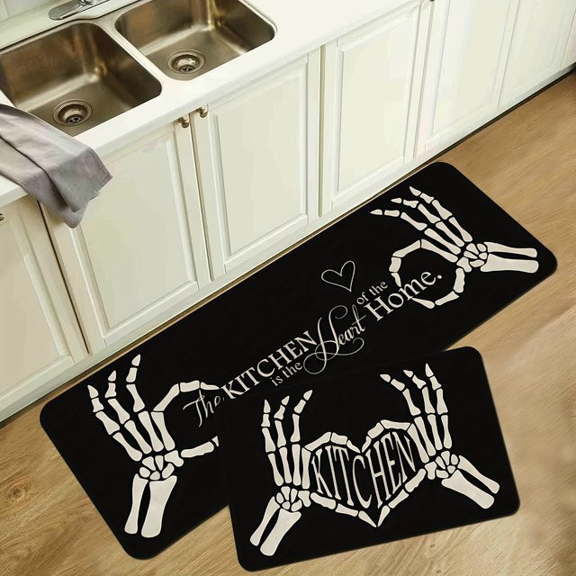 VIKAMA Teppich mit Totenkopf-Aufdruck in Schwarz, weich, rutschfest und wasserabsorbierend für Küche und Waschküche - Bild 1