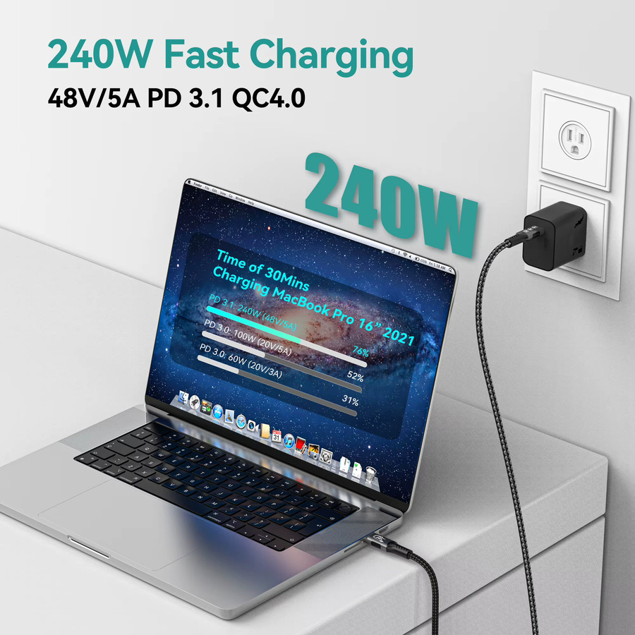 FDBRO USB4-Kabel USB-C auf USB-C in Schwarz mit 240 W Schnellladefunktion, unterstützt Thunderbolt 4/3, 8K 60 Hz und 40 Gbit/s Datenübertragung - Bild 3