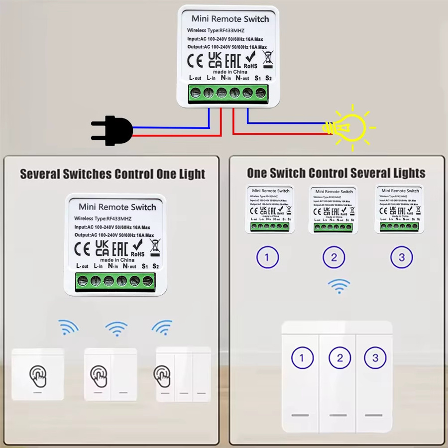 Shine-tale RF 433 MHz Smart Switch Mini DIY Drahtlose Fernbedienung Lichtrelais Empfänger mit Wand Sender Panel Schalter - Bild 2