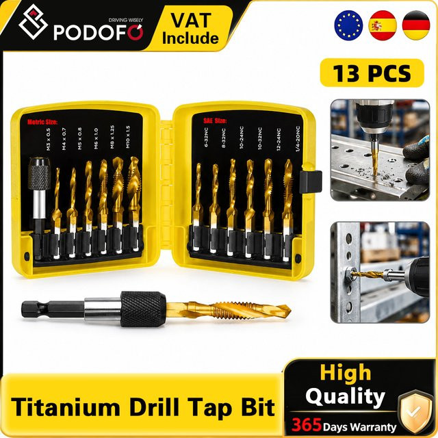 Podofo 13-teiliges Titan-Bohr- und Gewindeschneidset aus HSS-Stahl mit Sechskantschaft für Metall und Holz inklusive Aufbewahrungskoffer - Bild 1