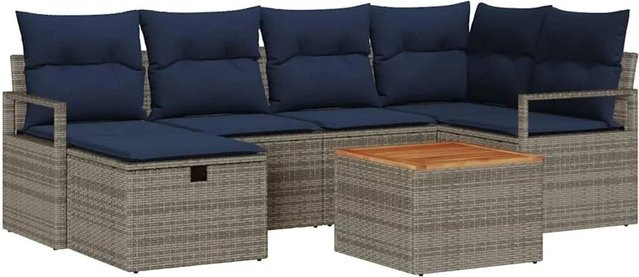 vidaXL Gartensofa-Set aus Poly-Rattan in Grau, 7-teiliges L-Shape Lounge-Set mit Kissen, Ottoman und Couchtisch inklusive Kissen-Stauraum - Bild 1