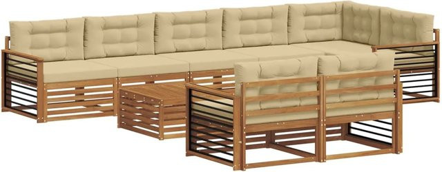 vidaXL Outdoor-Sofagarnitur 9-tlg. in L-Form aus Akazienholz mit Kissen, Natur-Beige - Bild 1