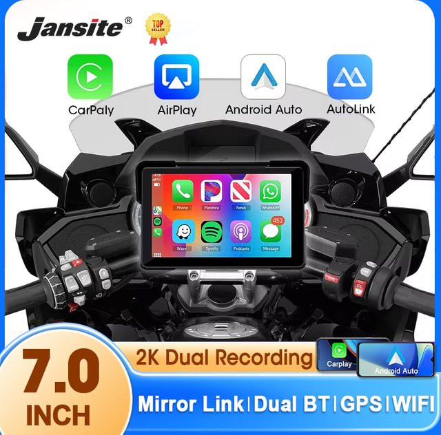 Jansite 7 Zoll Motorrad GPS Navigation mit kabellosem CarPlay und Android Unterstützung, IPX7 wasserdichtes LCD-Display und Dual-Objektiv in Schwarz - Bild 1