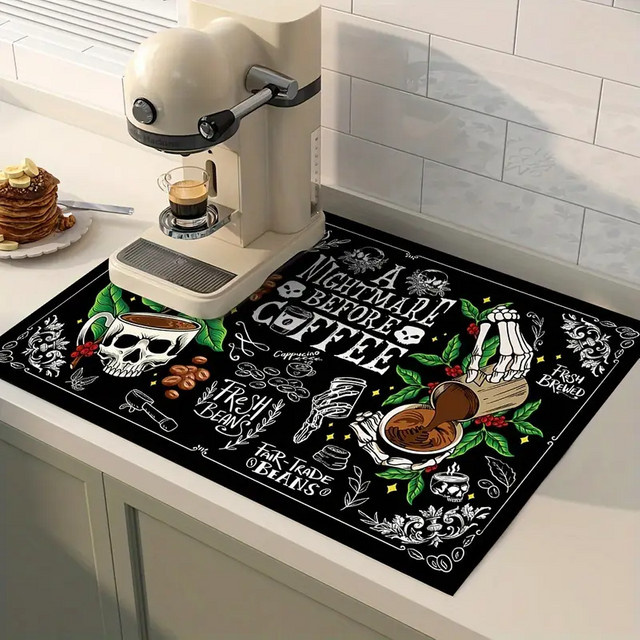VIKAMA Tischschutzmatte aus Silikon mit Totenkopf-Kaffeemuster in Schwarz, rutschfest und saugfähig - Bild 1
