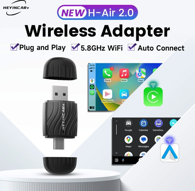HEYINCAR 2-in-1 Universeller Kabelloser CarPlay und Android Auto Adapter mit USB und USB-C Schnittstelle in Schwarz - Bild 1