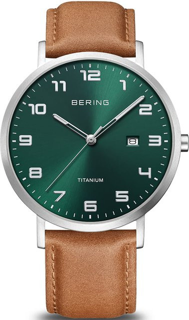 Bering Herrenuhr, Titan, Quarz, 40 mm, Leder, Grün, 5 ATM - Bild 1