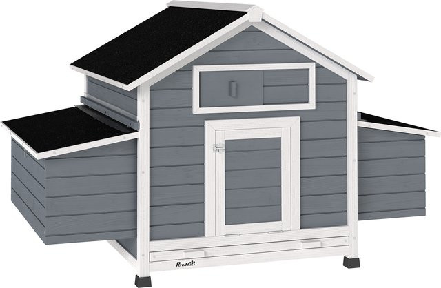 Aosom PawHut Holzhühnerstall in Grau mit 2 Nistkästen, aufklappbarem wasserdichtem Dach und herausnehmbarer Wanne für 2-4 Hühner oder Enten, B/T/H: 150 x 100 x 96,5 cm - Bild 1