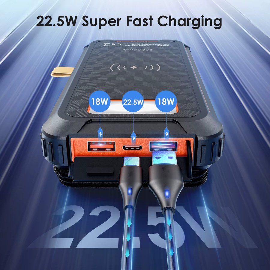 Jugacool Solar Power Bank 26800 mAh mit 22,5 W Schnellladefunktion QC 3.0, 4 faltbare Solarpanels und Campinglicht in Schwarz - Bild 4