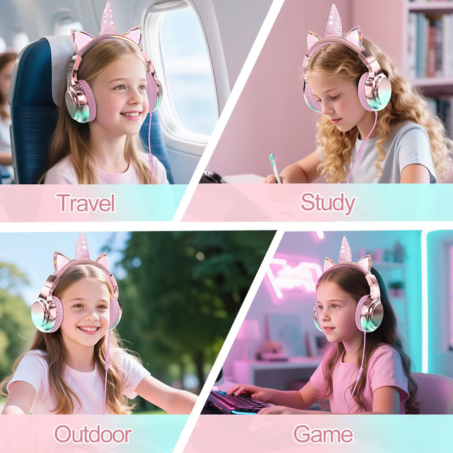 QearFun Einhorn-Kopfhörer für Kinder und Mädchen in Pink mit Mikrofon, faltbares Kabel-Headset mit 85/94 dB Lautstärke für Tablet und iPad - Bild 4