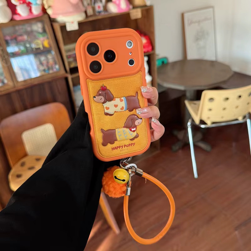 Stoßfeste Leder-Handyhülle mit Hundemuster und Umhängeband für Apple iPhone 17, 16, 15, 14, 13 Pro und Pro Max in Orange - Bild 3