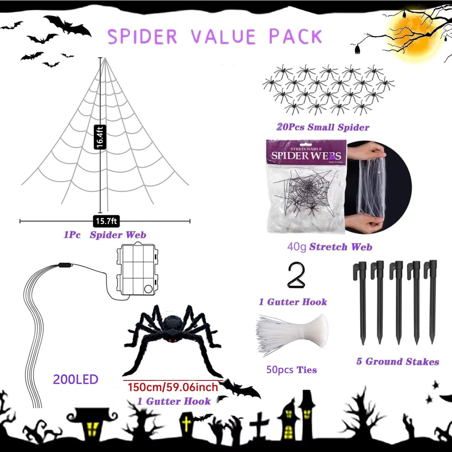 Peach Forest Halloween Spinnennetz mit 200 lila LEDs und großer Spinne zur Dekoration für Haus und Garten - Bild 2