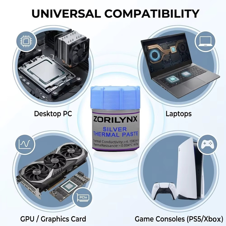 ZORILYNX Wärmeleitpaste Silber mit hoher Leitfähigkeit für CPU, GPU und Laptop-Kühler, 15g - Bild 3