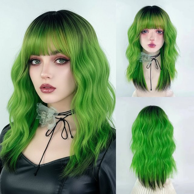 GAKA Perücke Damen, Ombre Schwarz Grün, Synthetisch, mit Pony - Bild 1
