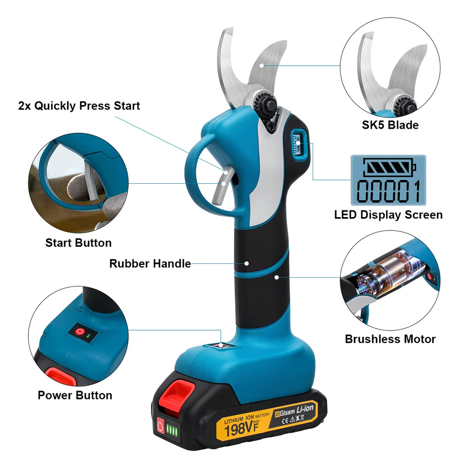 Gisam Bürstenlose elektrische Astschere für Makita LXT 18V Akku, kabellose Garten-Astschere in Blau, 40mm Schnittkapazität - Bild 5