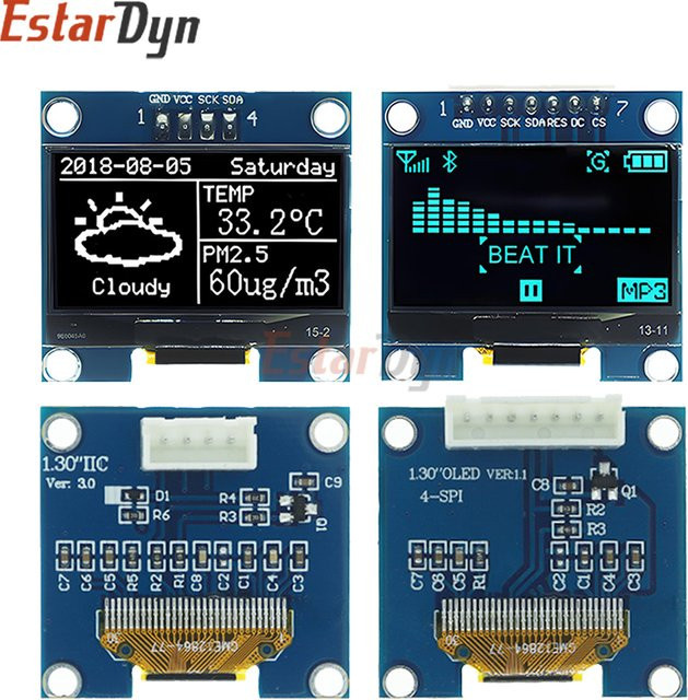 Estardyn 1,3 Zoll OLED Modul mit 128x64 Auflösung, SPI/IIC I2C Kommunikation und 2,54mm Anschlussklemmen in Weiß/Blau - Bild 1