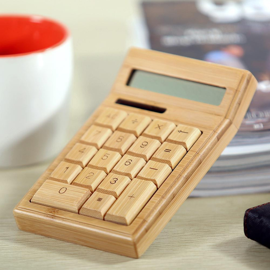 Neoglint Elektronischer Taschenrechner aus Bambus in Braun mit Zähler, 12 Ziffern, Solar- und Batteriebetrieb, Dual-Power - Bild 2
