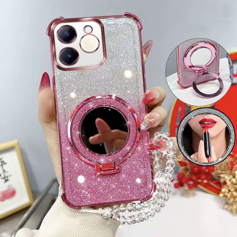 Glitzernde und stoßfeste Handyhülle mit Spiegelständer und Perlenband für Oppo Realme Note 70 T und Narzo 80 Lite in Schwarz und Pink - Bild 1