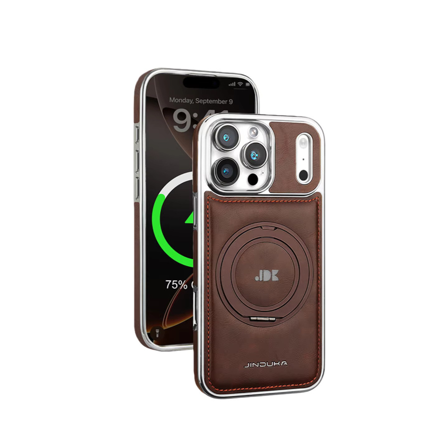 Magnetische Leder-Hülle mit drehbarer Halterung und Wireless Charging für iPhone 17 16 15 14 13 Pro Max Plus in Grau und Braun - Bild 5