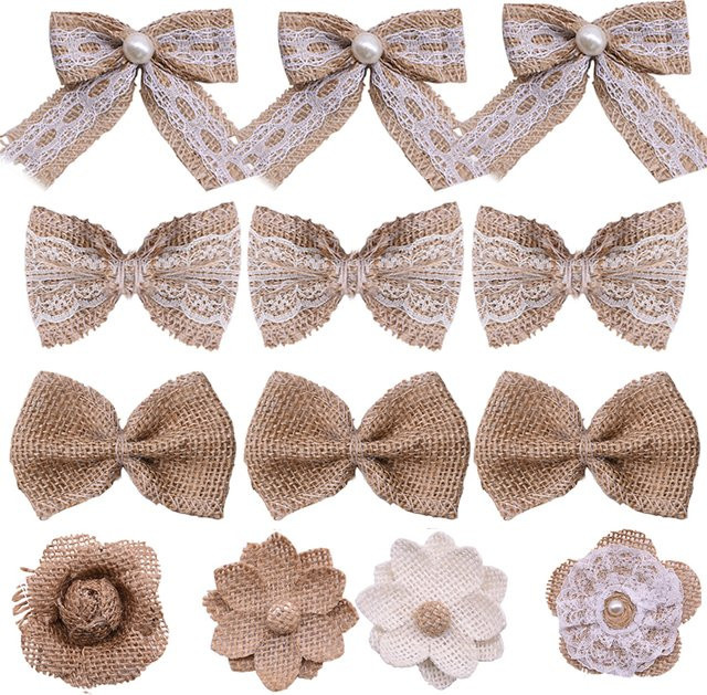 5 Stück Jute-Schleifen mit Spitze in Beige für Vintage-Dekorationen, Hochzeiten und DIY-Bastelprojekte - Bild 1