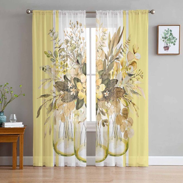 Super Six Transparentes Tüll-Fensterdekoration mit Eukalyptus-Blättern und Streifen in Beige und Gelb, B: 135 cm, H: 114 cm - Bild 1