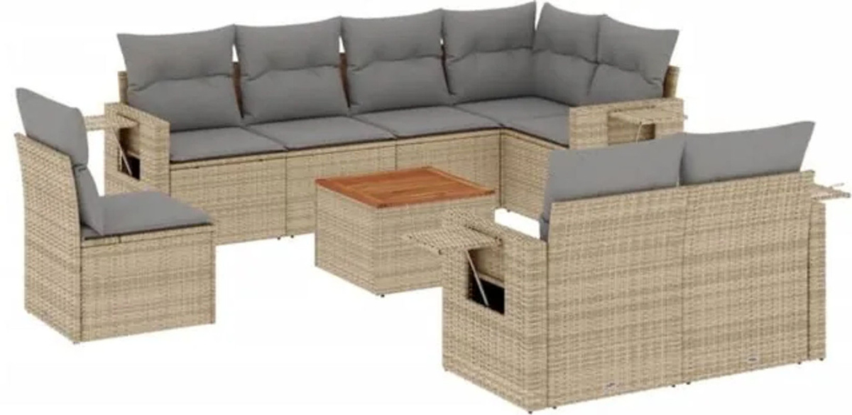 Vidaxl 9-tlg. Garten-Sofagarnitur aus Polyrattan in Beige mit Kissen und Akazienholz-Elementen - Bild 1