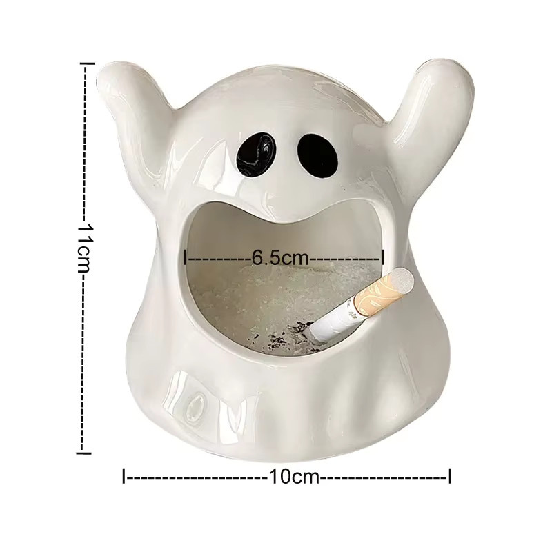 KeYi Keramik-Aschenbecher in Form eines süßen Geistes, Halloween-Dekoration für Wohnzimmer und Büro, Weiß, B/T/H: 11,0 x 10,0 x 10,0 cm - Bild 2