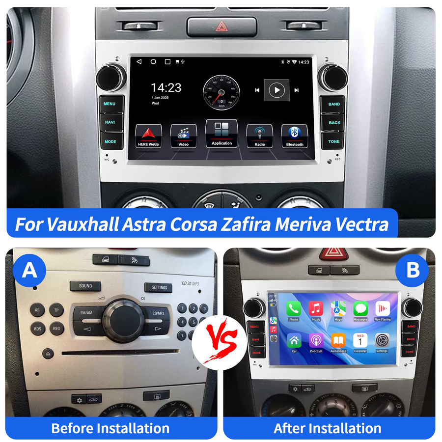 ESSGOO Drahtloses Android 15 Autoradio mit CarPlay und Wi-Fi für Opel Astra H G J Antara Vectra C B Vivaro Corsa C D Zafira B Multimedia-Player in Schwarz - Bild 2