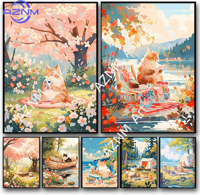 KAYOU Anime-Landschafts-Poster mit Kätzchen und Sakura als Leinwanddruck für deine Kinderzimmer-Dekoration in Mehrfarbig - Bild 1