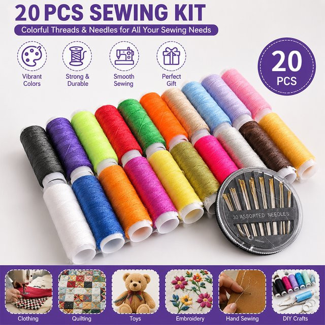 Nähgarn-Set aus Polyester in 20 Farben mit 30 sortierten Handnähnadeln, Multicolour - Bild 1