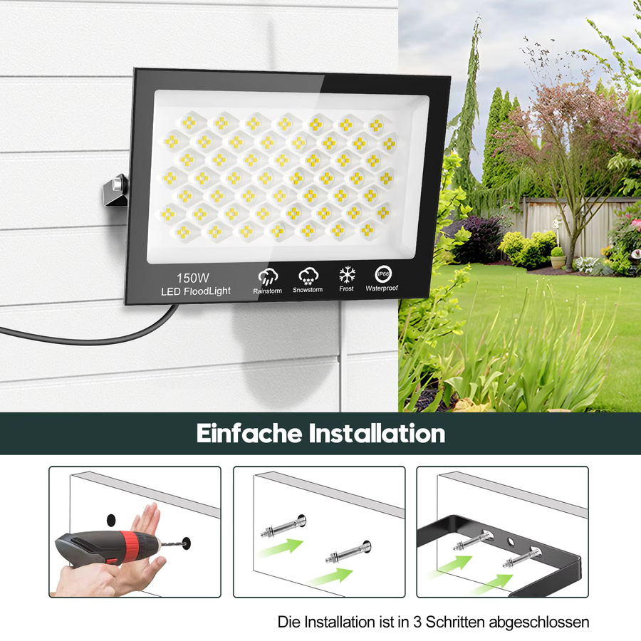 Wasserdichter LED-Flutlicht Strahler in Schwarz, 100 W, IP66 COB Außenleuchte für Garten und Wand - Bild 5