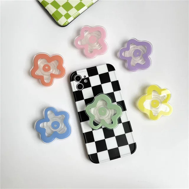 JXSFLYE Faltbarer Smartphone-Halter mit Blumenmuster in Transparent und Gelb, Glänzender Fingerring-Ständer für dein Handy - Bild 1