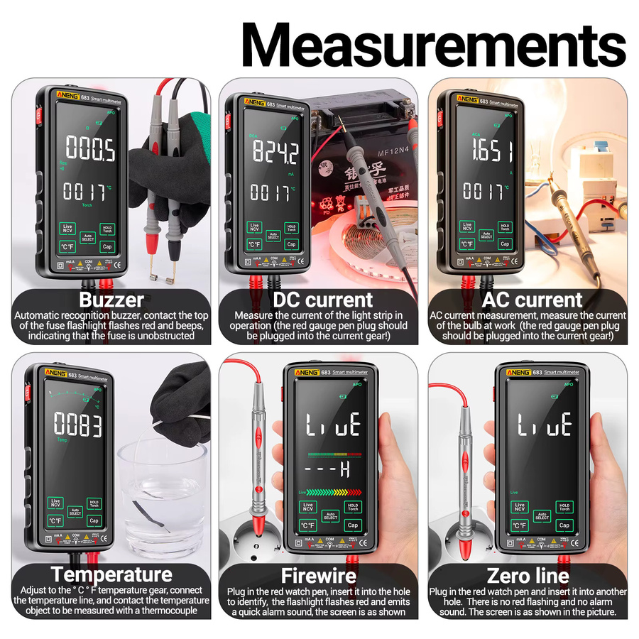 ANENG 683 Digitalmultimeter mit großem Touchscreen, intelligentes Universalmessgerät mit 6000 Counts, NCV-Tester und Anti-Verbrennungs-Schutz, Schwarz - Bild 2