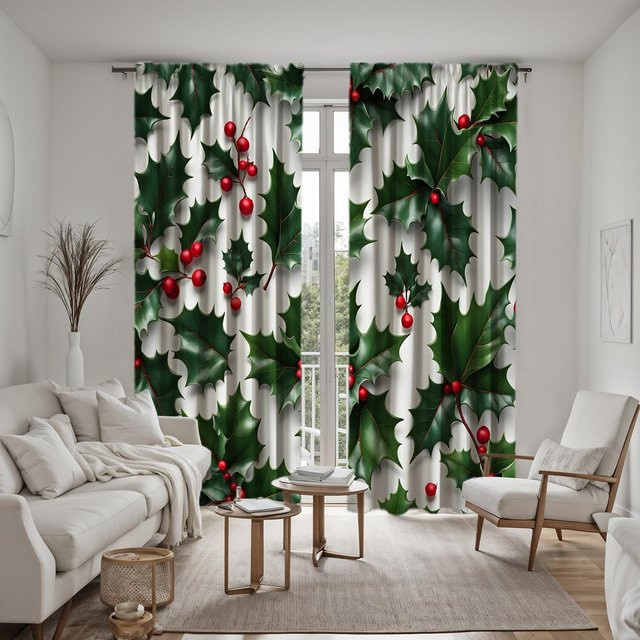 2er-Set weihnachtliche Vorhänge mit Stechpalmenbeeren und grünem Blattmuster, grau, B: 132 cm, H: 160 cm - Bild 1