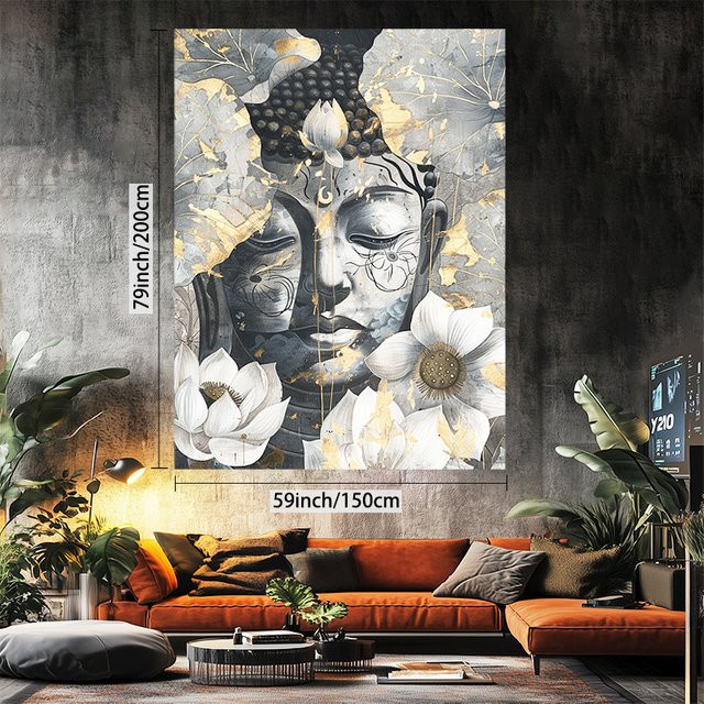 VIKAMA Zen-Doppel-Buddha Wandteppich mit Tintenlotus-Hintergrund in Gold und Multicolour, orientalischer Stil für Wohnzimmer und Gebetsraum, B: 75 cm, H: 58 cm - Bild 1
