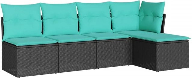 vidaXL 5-teilige Garten-Sofagarnitur in L-Form aus Poly-Rattan mit blauen Kissen und pulverbeschichtetem Stahlrahmen in Schwarz - Bild 1