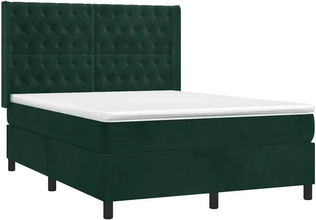 vidaXL Boxspringbett mit Matratze in Dunkelgrün aus Samt mit LED-Unterbodenbeleuchtung und USB-Anschluss, B/T/H: 140 x 200 x 147 cm - Bild 1