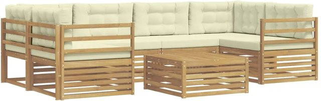 vidaXL Outdoor-Sofagarnitur in L-Form aus Akazienholz mit 7 Kissen in Weiß und Beige aus UV-beständigem Polyester - Bild 1