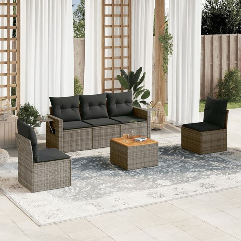 Vidaxl 6-teiliges Gartenmöbel-Set aus Polyrattan und Akazie mit Kissen, Grau - Bild 1