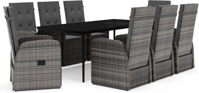 vidaXL 9-teilige Garten-Essgruppe aus PE-Rattan und Glas in Grau mit Auflagen - Bild 1