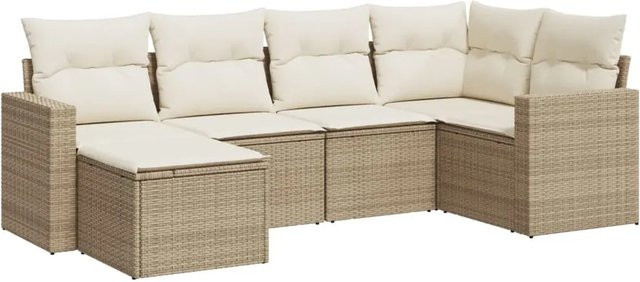 vidaXL 6-teilige Garten-Sofagarnitur in L-Form aus Poly-Rattan mit Kissen in Beige - Bild 1